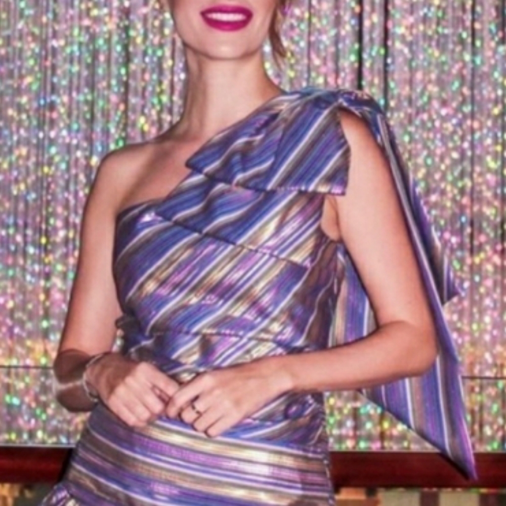 ZARA Metallic Gold Purple Green Stripe Print One Shoulder Bow Top Small - Picture 2 of 7
